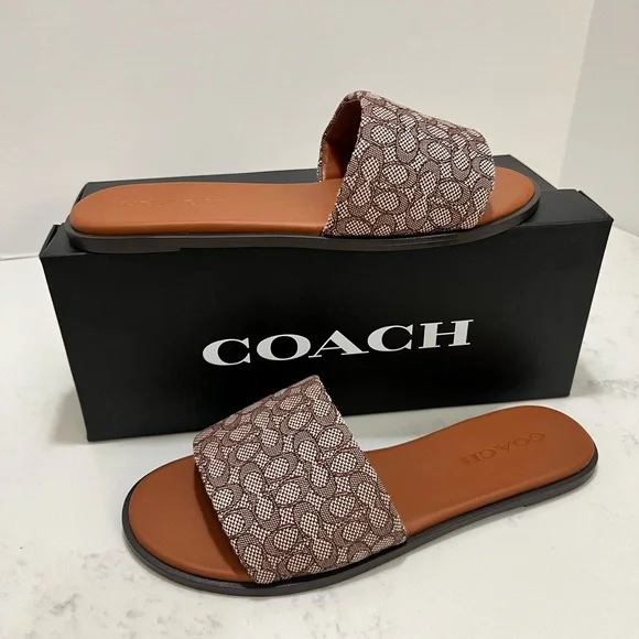 Coach Tan & Brown Signature Monogram Slide Sandals - Picture 1 of 12